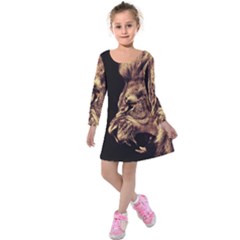 Angry Male Lion Gold Kids  Long Sleeve Velvet Dress by Celenk