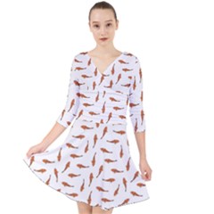 Koi Fishes Motif Pattern Quarter Sleeve Front Wrap Dress	