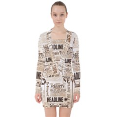 Vintage Newspapers Headline Typography V-neck Bodycon Long Sleeve Dress by yoursparklingshop