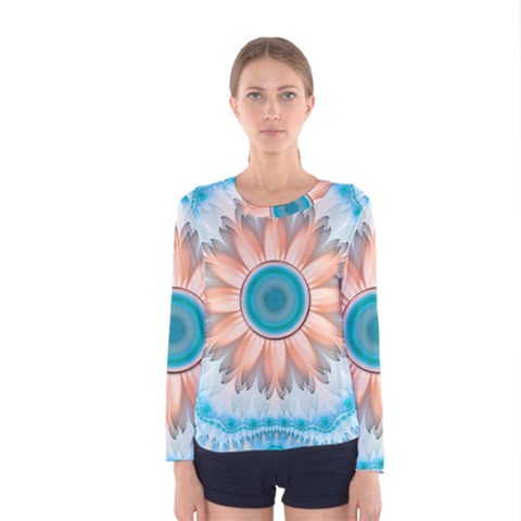 Clean And Pure Turquoise And White Fractal Flower Women s Long Sleeve Tee by jayaprime