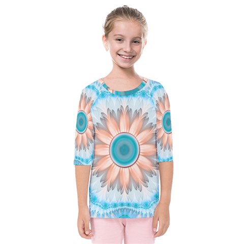 Clean And Pure Turquoise And White Fractal Flower Kids  Quarter Sleeve Raglan Tee by jayaprime