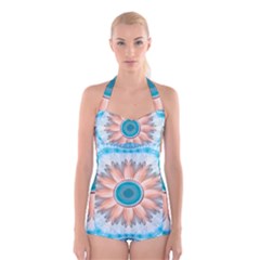 Clean And Pure Turquoise And White Fractal Flower Boyleg Halter Swimsuit  by jayaprime