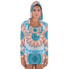 Clean And Pure Turquoise And White Fractal Flower Long Sleeve Hooded T-shirt by jayaprime