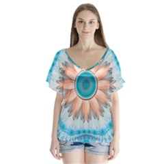 Clean And Pure Turquoise And White Fractal Flower V-neck Flutter Sleeve Top by jayaprime