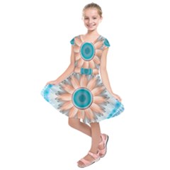 Clean And Pure Turquoise And White Fractal Flower Kids  Short Sleeve Dress by jayaprime