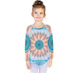 Clean And Pure Turquoise And White Fractal Flower Kids  Long Sleeve Tee