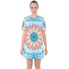 Clean And Pure Turquoise And White Fractal Flower Sixties Short Sleeve Mini Dress by jayaprime