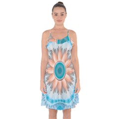 Clean And Pure Turquoise And White Fractal Flower Ruffle Detail Chiffon Dress by jayaprime