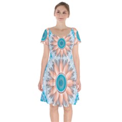 Clean And Pure Turquoise And White Fractal Flower Short Sleeve Bardot Dress by jayaprime