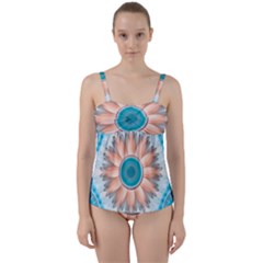 Clean And Pure Turquoise And White Fractal Flower Twist Front Tankini Set by jayaprime