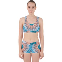 Clean And Pure Turquoise And White Fractal Flower Work It Out Sports Bra Set by jayaprime