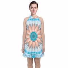 Clean And Pure Turquoise And White Fractal Flower Velvet Halter Neckline Dress  by jayaprime