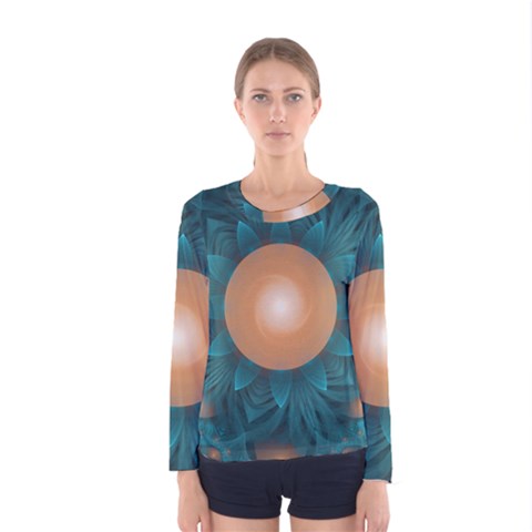 Beautiful Orange Teal Fractal Lotus Lily Pad Pond Women s Long Sleeve Tee by jayaprime