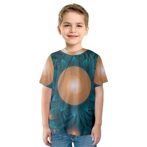 Beautiful Orange Teal Fractal Lotus Lily Pad Pond Kids  Sport Mesh Tee by jayaprime