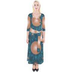 Beautiful Orange Teal Fractal Lotus Lily Pad Pond Quarter Sleeve Wrap Maxi Dress by jayaprime