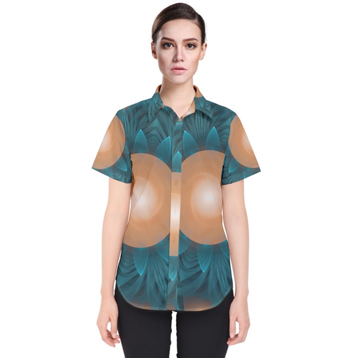 Beautiful Orange Teal Fractal Lotus Lily Pad Pond Women s Short Sleeve Shirt