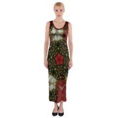 Christmas Wreath Stars Green Red Elegant Fitted Maxi Dress by yoursparklingshop