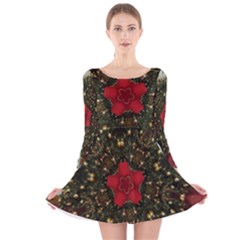 Christmas Wreath Stars Green Red Elegant Long Sleeve Velvet Skater Dress by yoursparklingshop