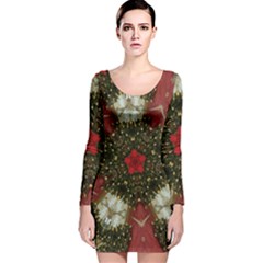 Christmas Wreath Stars Green Red Elegant Long Sleeve Velvet Bodycon Dress by yoursparklingshop