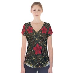 Christmas Wreath Stars Green Red Elegant Short Sleeve Front Detail Top by yoursparklingshop