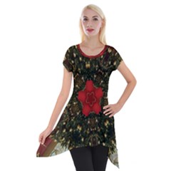 Christmas Wreath Stars Green Red Elegant Short Sleeve Side Drop Tunic by yoursparklingshop