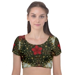 Christmas Wreath Stars Green Red Elegant Velvet Crop Top by yoursparklingshop