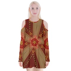 Red Star Ribbon Elegant Kaleidoscopic Design Velvet Long Sleeve Shoulder Cutout Dress by yoursparklingshop