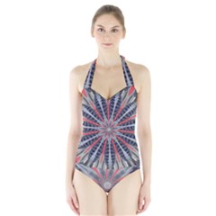 Red White Blue Kaleidoscopic Star Flower Design Halter Swimsuit by yoursparklingshop