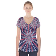 Red White Blue Kaleidoscopic Star Flower Design Short Sleeve Front Detail Top by yoursparklingshop