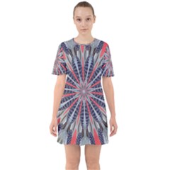 Red White Blue Kaleidoscopic Star Flower Design Sixties Short Sleeve Mini Dress by yoursparklingshop