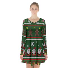 Ugly Christmas Sweater Long Sleeve Velvet V-neck Dress by Valentinaart