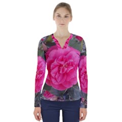 Pink Flower Japanese Tea Rose Floral Design V-neck Long Sleeve Top by yoursparklingshop