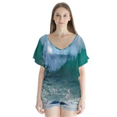 Awesome Wave Ocean Photography V-neck Flutter Sleeve Top by yoursparklingshop