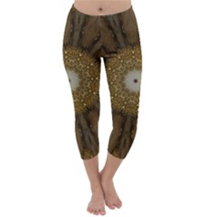 Elegant Festive Golden Brown Kaleidoscope Flower Design Capri Winter Leggings  by yoursparklingshop