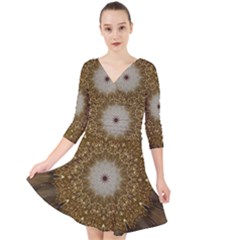 Elegant Festive Golden Brown Kaleidoscope Flower Design Quarter Sleeve Front Wrap Dress	 by yoursparklingshop