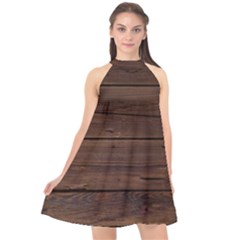 Rustic Dark Brown Wood Wooden Fence Background Elegant Halter Neckline Chiffon Dress  by yoursparklingshop