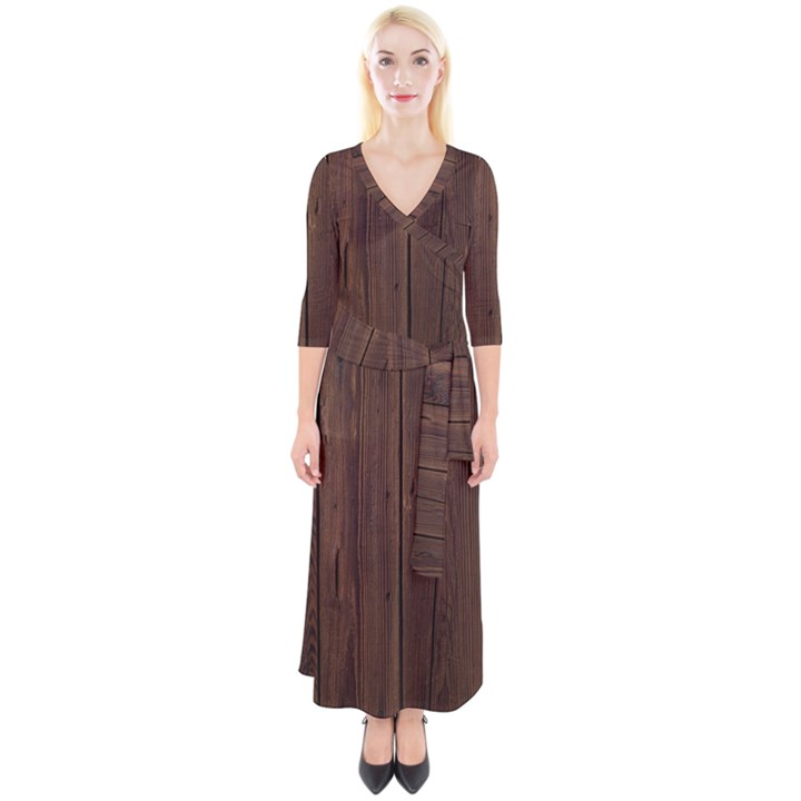 Rustic Dark Brown Wood Wooden Fence Background Elegant Natural Country Style Quarter Sleeve Wrap Maxi Dress