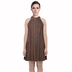 Rustic Dark Brown Wood Wooden Fence Background Elegant Natural Country Style Velvet Halter Neckline Dress 