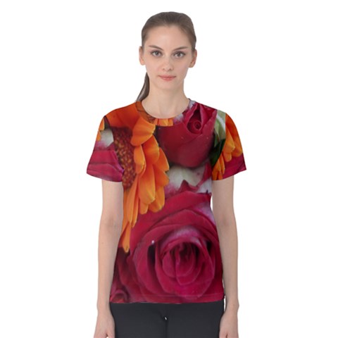 Floral Photography Orange Red Rose Daisy Elegant Flowers Bouquet Women s Cotton Tee by yoursparklingshop