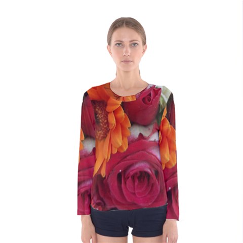 Floral Photography Orange Red Rose Daisy Elegant Flowers Bouquet Women s Long Sleeve Tee by yoursparklingshop