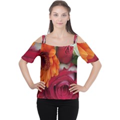 Floral Photography Orange Red Rose Daisy Elegant Flowers Bouquet Cutout Shoulder Tee