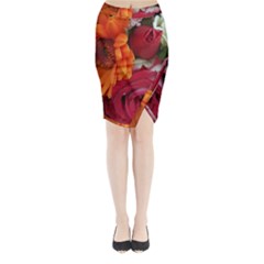 Floral Photography Orange Red Rose Daisy Elegant Flowers Bouquet Midi Wrap Pencil Skirt by yoursparklingshop