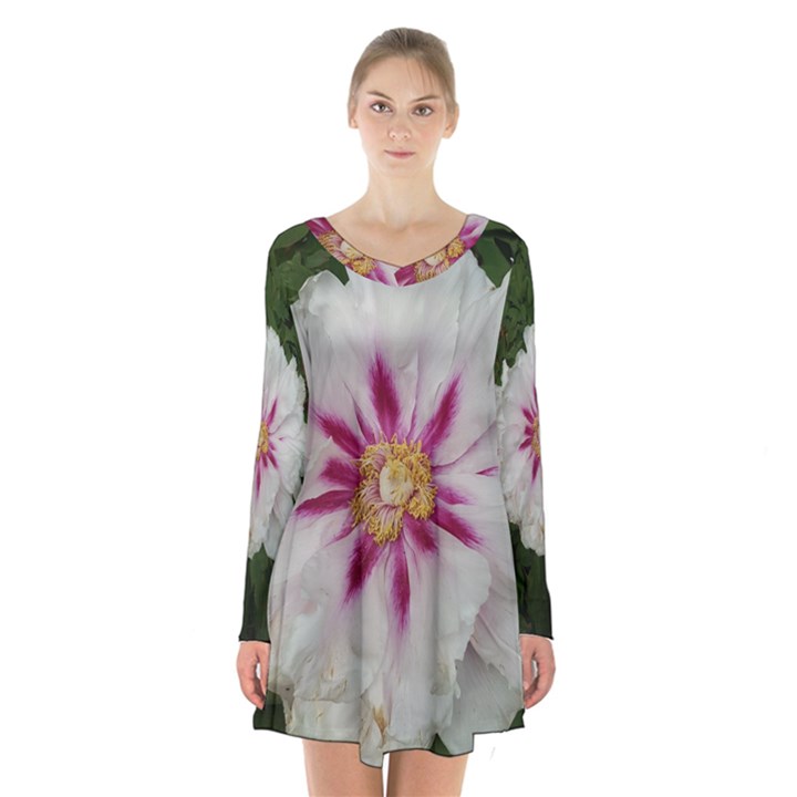 Floral Soft Pink Flower Photography Peony Rose Long Sleeve Velvet V-neck Dress