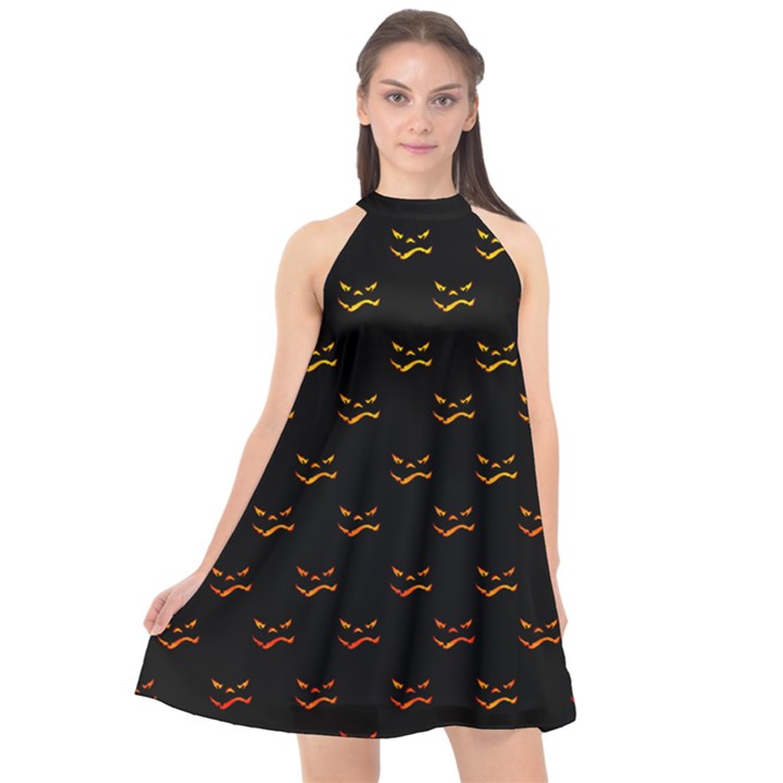 Creepy Halloween Grimace Pattern Halter Neckline Chiffon Dress 