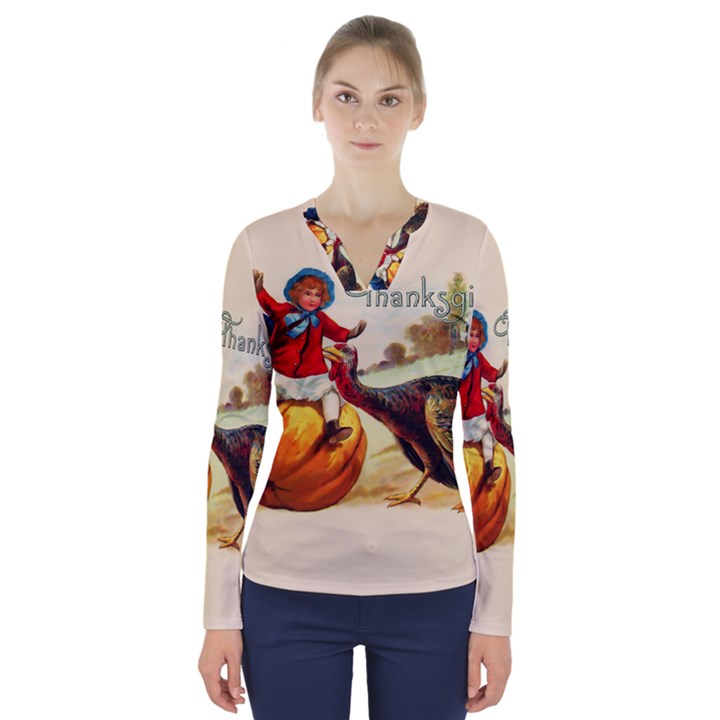 Vintage Thanksgiving V-Neck Long Sleeve Top