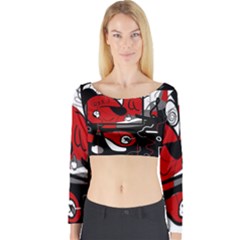 Red Black And White Abstraction Long Sleeve Crop Top by Valentinaart