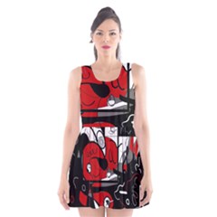 Red Black And White Abstraction Scoop Neck Skater Dress by Valentinaart