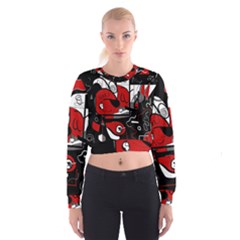 Red Black And White Abstraction Cropped Sweatshirt by Valentinaart