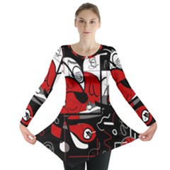 Red Black And White Abstraction Long Sleeve Tunic  by Valentinaart