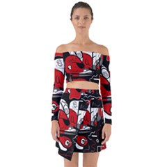 Red Black And White Abstraction Off Shoulder Top With Skirt Set by Valentinaart